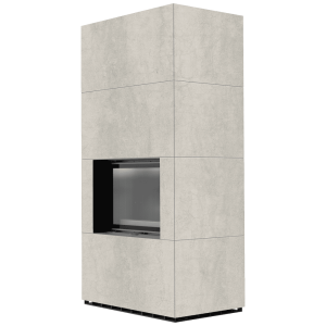 Kominek modułowy KRATKI FLOKI BOX 8 kW Ø 160 zabudowa ze spieku NATURALI PIETRA DI SAVOIA PERLA BOCCIARDATA czarne wyłożenie