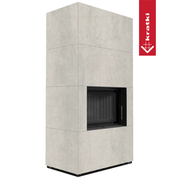 Kominek modułowy KRATKI FLOKI BOX 8 kW Ø 160 zabudowa ze spieku NATURALI PIETRA DI SAVOIA PERLA BOCCIARDATA czarne wyłożenie