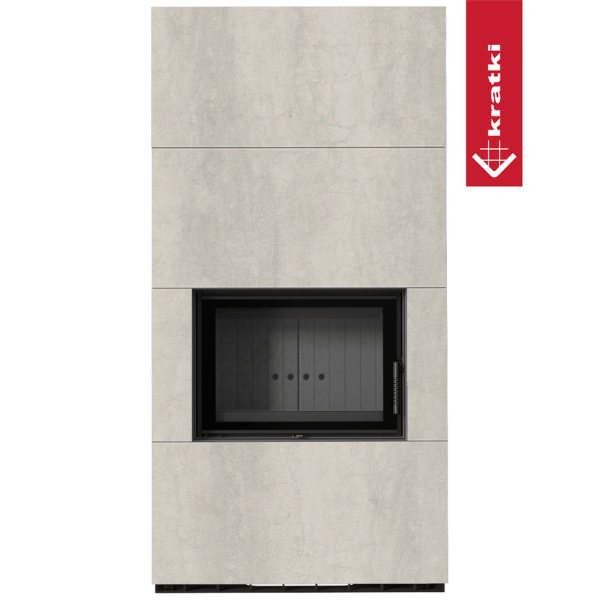 Kominek modułowy KRATKI FLOKI BOX 8 kW Ø 160 zabudowa ze spieku NATURALI PIETRA DI SAVOIA PERLA BOCCIARDATA czarne wyłożenie