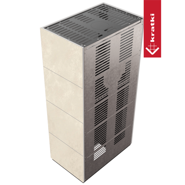Kominek modułowy KRATKI FLOKI BOX 8 kW Ø 160 zabudowa ze spieku OXIDE BIANCO czarne wyłożenie