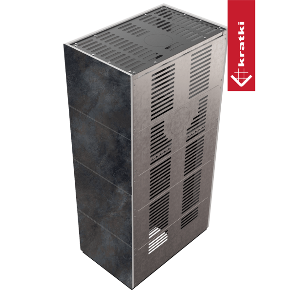 Kominek modułowy KRATKI FLOKI BOX 8 kW Ø 160 zabudowa ze spieku OSSIDO NERO czarne wyłożenie