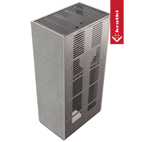 Kominek modułowy KRATKI FLOKI BOX 8 kW Ø 160 zabudowa ze spieku CEMENTO GRIGIO BOCCIARDATA z domykaniem