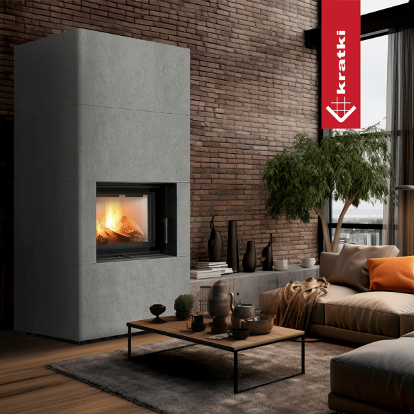 Kominek modułowy KRATKI FLOKI BOX 8 kW Ø 160 zabudowa ze spieku CEMENTO GRIGIO BOCCIARDATA z domykaniem