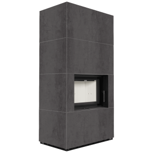 Kominek modułowy KRATKI FLOKI BOX 8 kW Ø 160 zabudowa ze spieku NATURALI PIETRA DI SAVOIA ANTRANCITE BOCCIARDATA