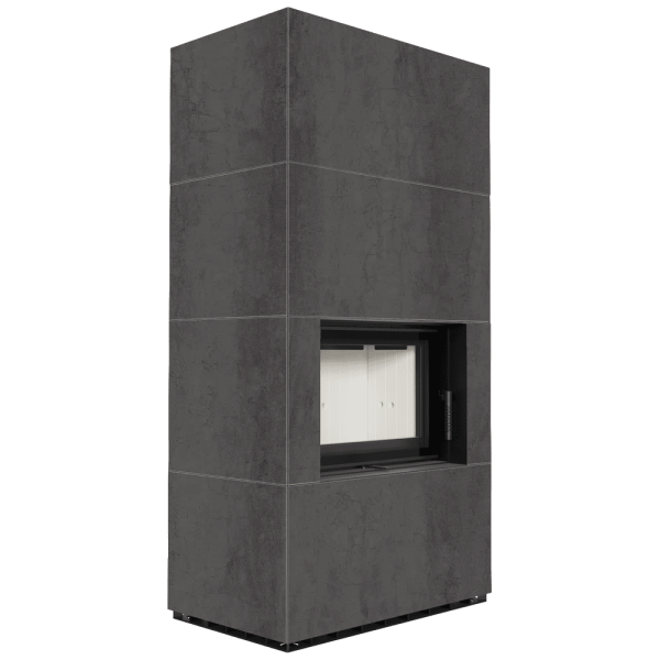 Kominek modułowy KRATKI FLOKI BOX 8 kW Ø 160 zabudowa ze spieku NATURALI PIETRA DI SAVOIA ANTRANCITE BOCCIARDATA