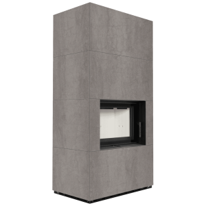 Kominek modułowy KRATKI FLOKI BOX 8 kW Ø 160 zabudowa ze spieku NATURALI PIETRA DI SAVOIA GRIGIA BOCCIARDATA