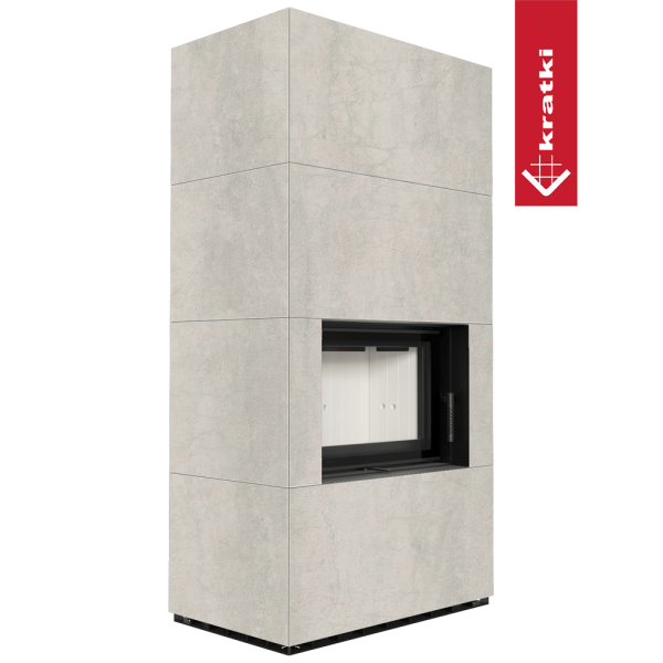 Kominek modułowy KRATKI FLOKI BOX 8 kW Ø 160 zabudowa ze spieku NATURALI PIETRA DI SAVOIA PERLA BOCCIARDATA