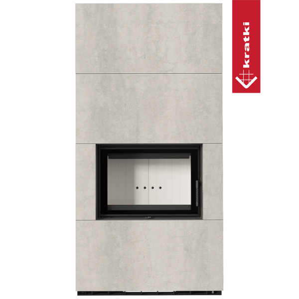 Kominek modułowy KRATKI FLOKI BOX 8 kW Ø 160 zabudowa ze spieku NATURALI PIETRA DI SAVOIA PERLA BOCCIARDATA