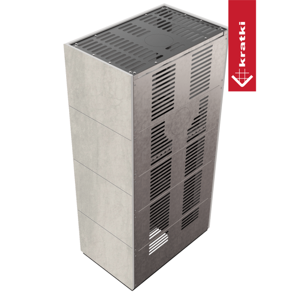 Kominek modułowy KRATKI FLOKI BOX 8 kW Ø 160 zabudowa ze spieku NATURALI PIETRA DI SAVOIA PERLA BOCCIARDATA