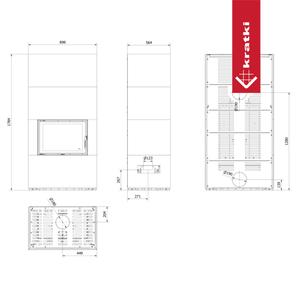 Kominek modułowy KRATKI FLOKI BOX 8 kW Ø 160 zabudowa ze spieku OXIDE NERO