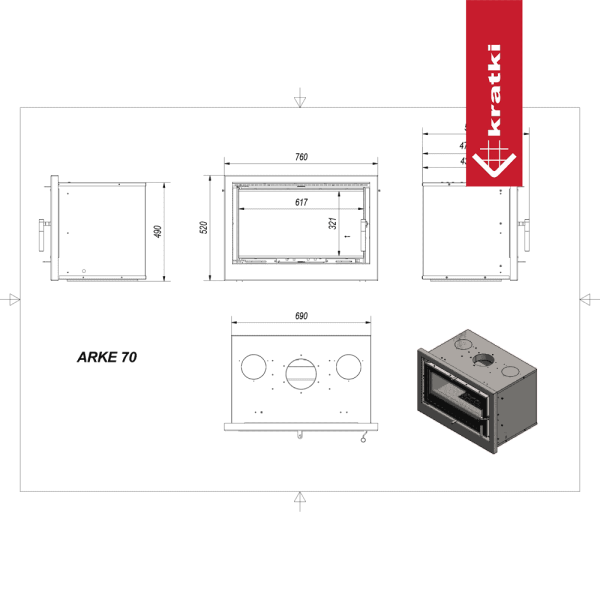 Kaseta kominkowa KRATKI ARKE 70 8 kW Ø 150 czarne wyłożenie