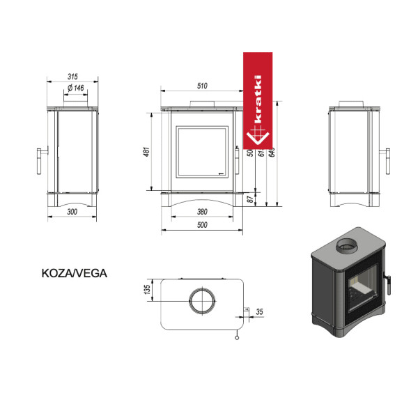 Piec stalowy koza KRATKI VEGA Ø 150 6 kW z domykaniem