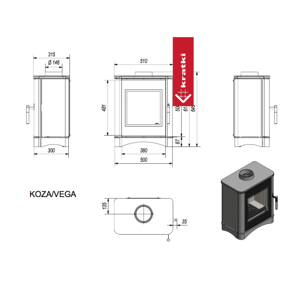 Piec stalowy koza KRATKI VEGA Ø 150 6 kW