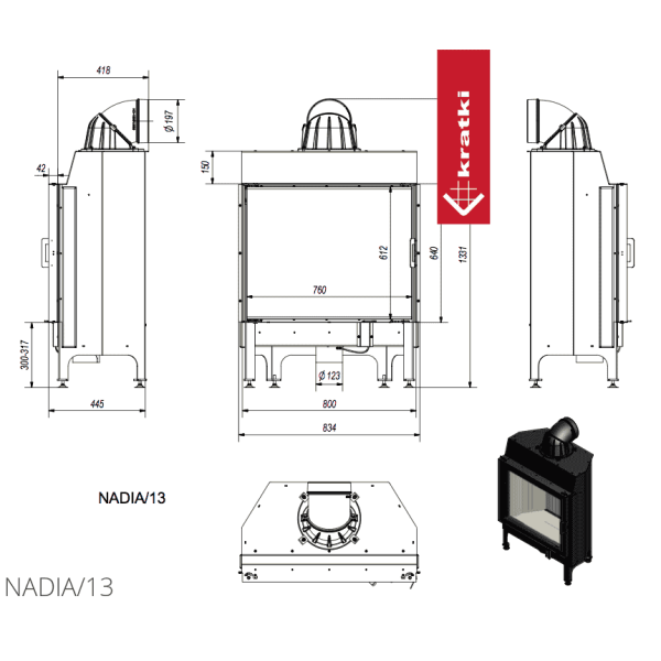 Kominek powietrzny stalowy KRATKI NADIA 13 kW Ø 200 z domykaniem