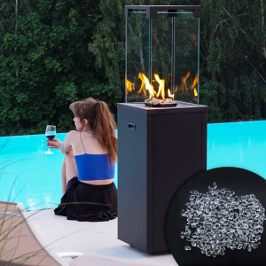 Ogrzewacz gazowy kominek ogrodowy na taras PATIO LIGHT czarny z kamykami ozdobnymi FIRE GLASS kryształy transparentne