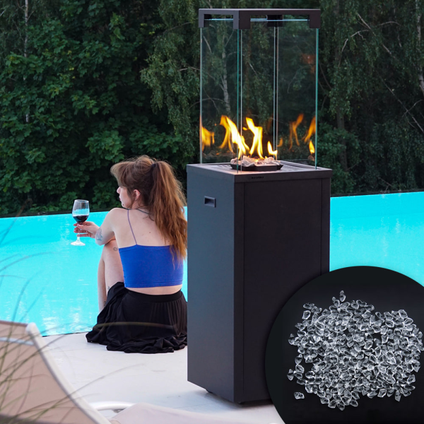 Ogrzewacz gazowy kominek ogrodowy na taras PATIO LIGHT czarny z kamykami ozdobnymi FIRE GLASS kryształy transparentne