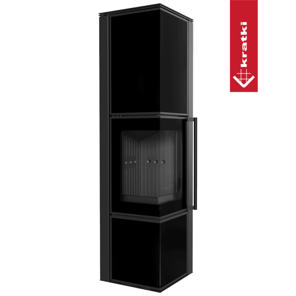 Piec stalowy koza KRATKI TORA/L 8 kW Ø 150 czarny panel szklany czarne wyłożenie z domykaniem