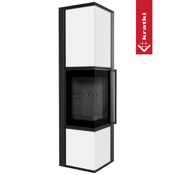 Piec stalowy koza KRATKI TORA/L 8 kW Ø 150 biały panel szklany czarne wyłożenie z domykaniem