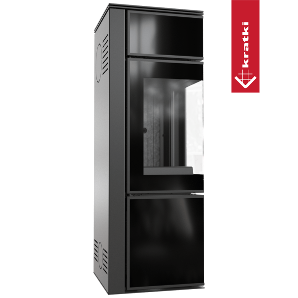 Piec stalowy koza KRATKI TORA/S 8 kW Ø 150 czarny panel szklany czarne wyłożenie z domykaniem