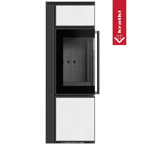 Piec stalowy koza KRATKI TORA/S 8 kW Ø 150 biały panel szklany czarne wyłożenie z domykaniem