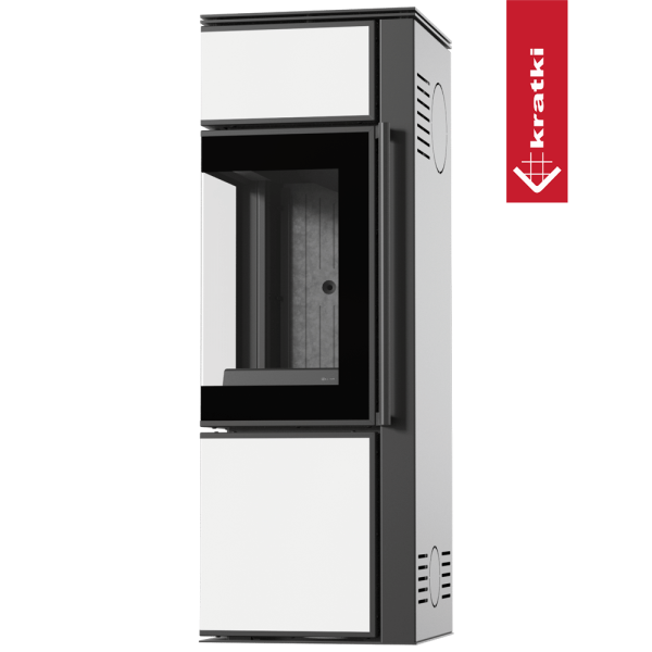 Piec stalowy koza KRATKI TORA/S 8 kW Ø 150 biały panel szklany czarne wyłożenie z domykaniem